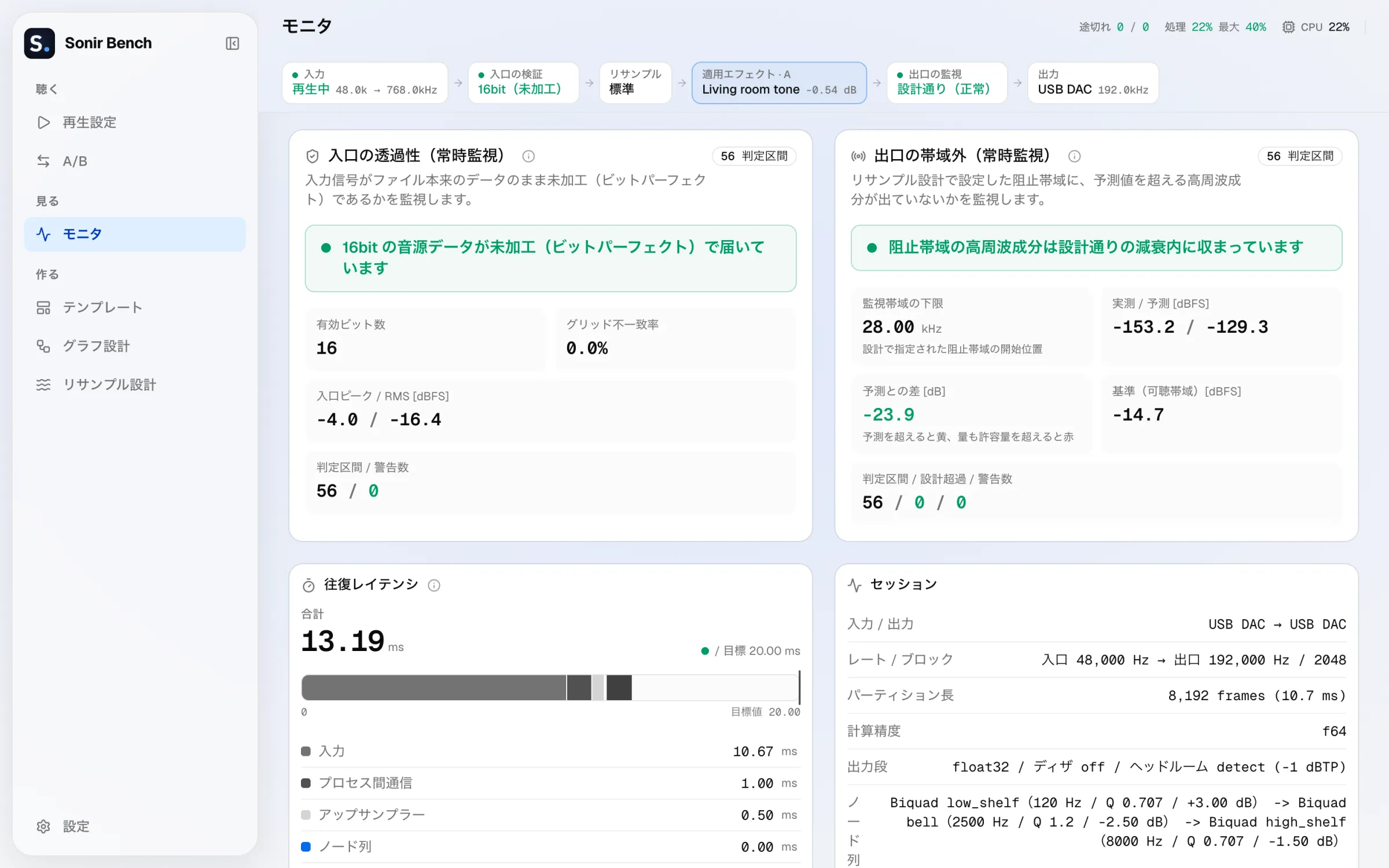 Sonir Benchのモニター画面。届いた音がすべて16bitの格子に乗っていれば、未加工（ビットパーフェクト）で届いていると出ます