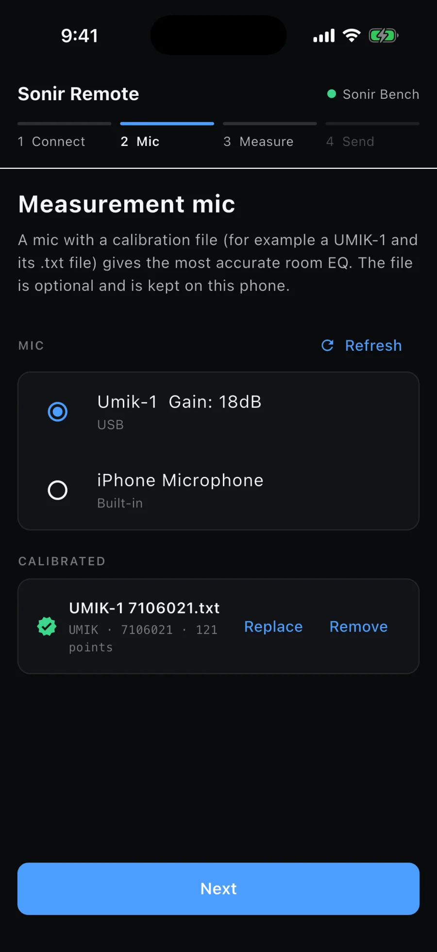 Sonir Remote with a calibrated USB measurement microphone selected